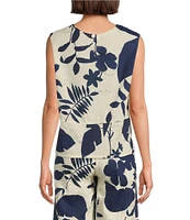 Bryn Walker Foglie Print Linen Blend Round Neck Sleeveless Coordinating Tank