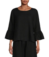 Bryn Walker Fran Basic Light Linen Round Neck Ruffle 3/4 Bell Sleeve High-Low Coordinating Shirt