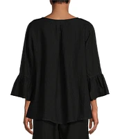 Bryn Walker Fran Basic Light Linen Round Neck Ruffle 3/4 Bell Sleeve High-Low Coordinating Shirt