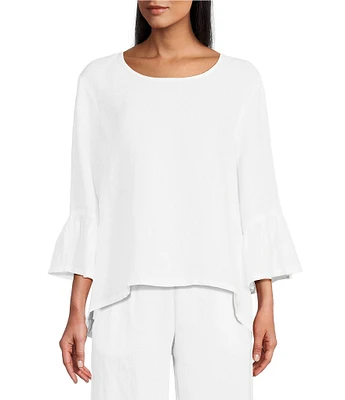 Bryn Walker Fran Basic Light Linen Round Neck Ruffle 3/4 Bell Sleeve High-Low Coordinating Shirt