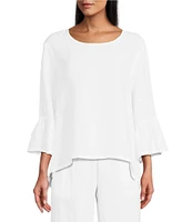 Bryn Walker Fran Basic Light Linen Round Neck Ruffle 3/4 Bell Sleeve High-Low Coordinating Shirt