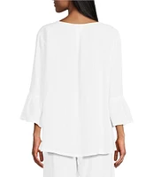 Bryn Walker Fran Basic Light Linen Round Neck Ruffle 3/4 Bell Sleeve High-Low Coordinating Shirt