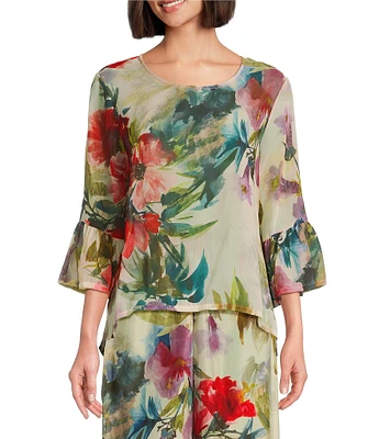 Bryn Walker Fran Italian Sheer Fiori Print Round Neck 3/4 Ruffle Bell Sleeve High Low Shirt