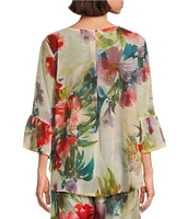 Bryn Walker Fran Italian Sheer Fiori Print Round Neck 3/4 Ruffle Bell Sleeve High Low Shirt