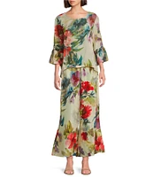 Bryn Walker Fran Italian Sheer Fiori Print Round Neck 3/4 Ruffle Bell Sleeve High Low Shirt