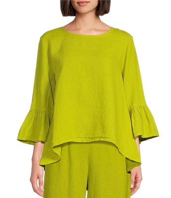 Bryn Walker Fran Light Linen Round Neck Ruffle 3/4 Bell Sleeve High-Low Coordinating Shirt