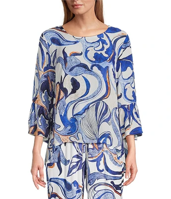 Bryn Walker Fran Printed Round Neck 3/4 Ruffle Bell High-Low Sleeve Top