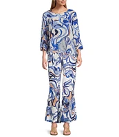 Bryn Walker Fran Printed Round Neck 3/4 Ruffle Bell High-Low Sleeve Top