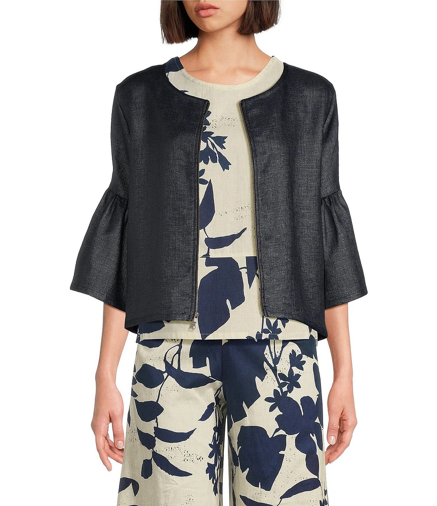 Bryn Walker Frida Raffia Round Neck 3/4 Ruffle Sleeve Jacket