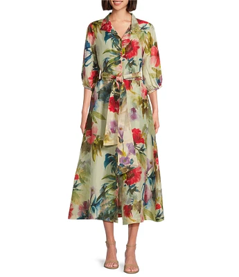 Bryn Walker Geraldine Fiori Print Mandarin Collar Elbow Sleeve Button Front Dress