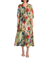 Bryn Walker Geraldine Fiori Print Mandarin Collar Elbow Sleeve Button Front Dress