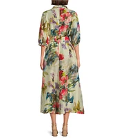 Bryn Walker Geraldine Fiori Print Mandarin Collar Elbow Sleeve Button Front Dress