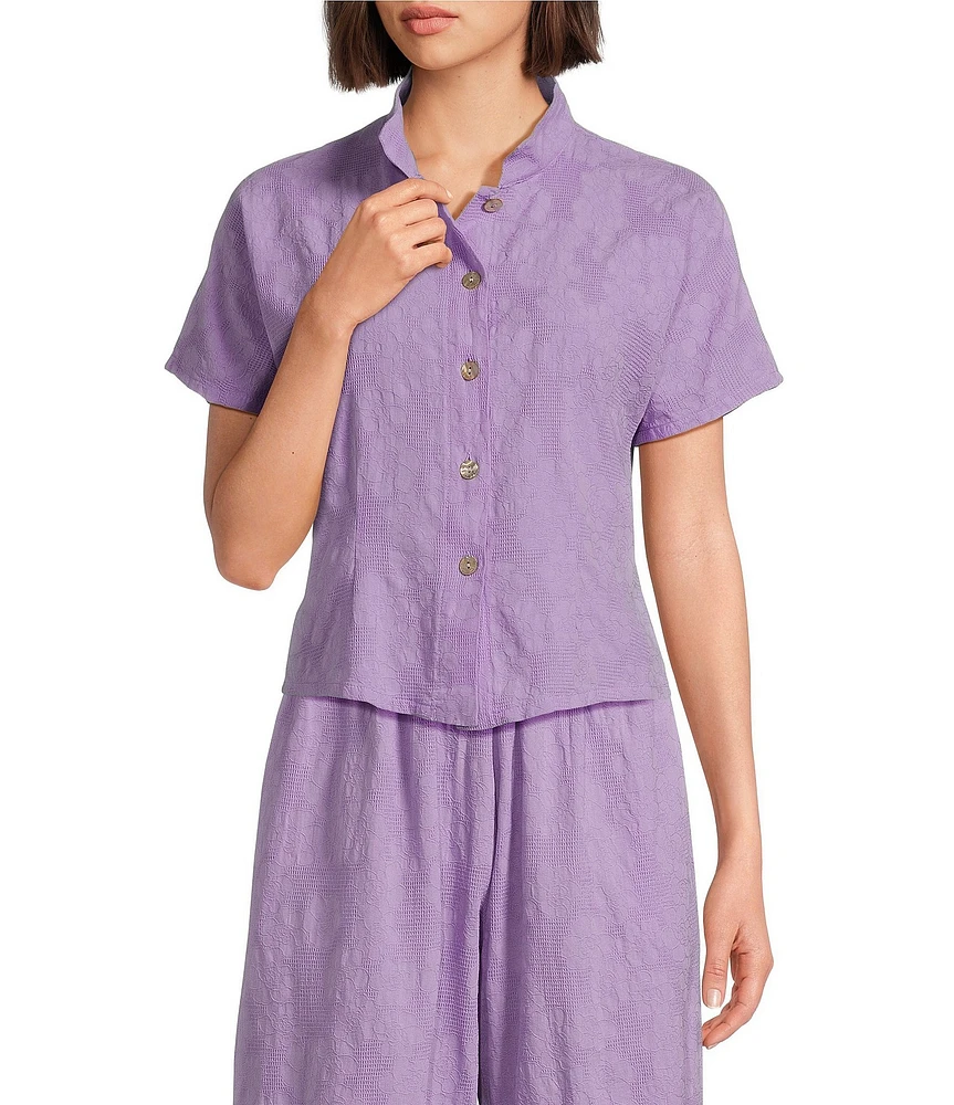 Bryn Walker Jacquard Cotton Floral Mandarin Collar Short Sleeve Coordinating Button Front Shirt