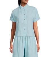 Bryn Walker Jacquard Cotton Floral Mandarin Collar Short Sleeve Coordinating Button Front Shirt