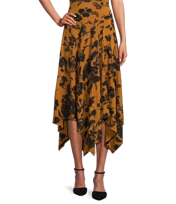 Bryn Walker Jersey Floral Wide Waistband A-Line Asymmetrical Hem Coordinating Pull-On Skirt