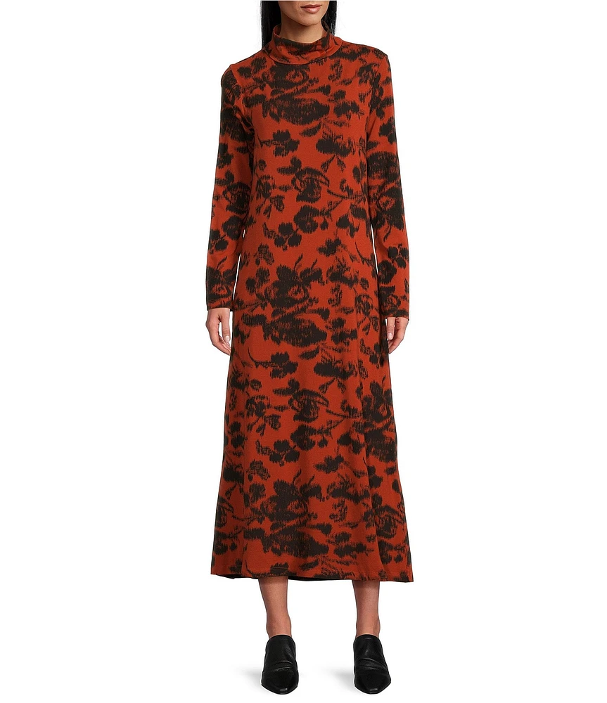 Bryn Walker Jersey Knit Floral Print Mock Neck Long Sleeve Shift Dress