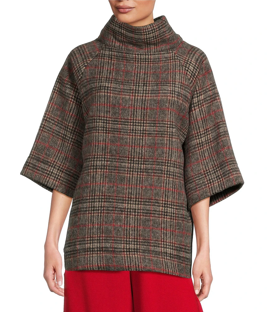 Bryn Walker Keena Doppio Faccia Plaid Print Funnel Neck 3/4 Sleeve Shirt