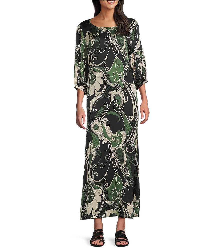 Bryn Walker Lanterna Giardino Print Viscose Satin Round Neck 3/4 Sleeve Maxi Dress