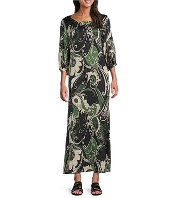 Bryn Walker Lanterna Giardino Print Viscose Satin Round Neck 3/4 Sleeve Maxi Dress