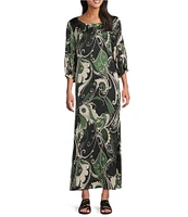 Bryn Walker Lanterna Giardino Print Viscose Satin Round Neck 3/4 Sleeve Maxi Dress