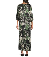 Bryn Walker Lanterna Giardino Print Viscose Satin Round Neck 3/4 Sleeve Maxi Dress