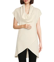 Bryn Walker Lavinia Stretch Jersey Modal Ponte Cowl Neck Short Sleeve Crossover High-Low Hem Tunic