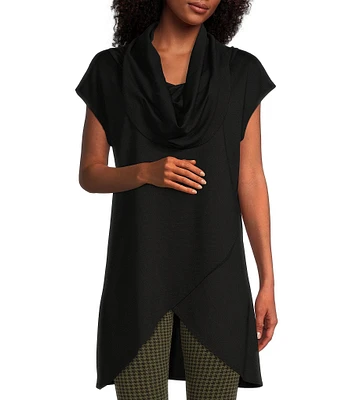 Bryn Walker Lavinia Stretch Jersey Modal Ponte Cowl Neck Short Sleeve Crossover High-Low Hem Tunic