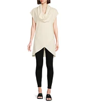 Bryn Walker Lavinia Stretch Jersey Modal Ponte Cowl Neck Short Sleeve Crossover High-Low Hem Tunic