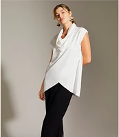 Bryn Walker Lavinia Stretch Jersey Modal Ponte Cowl Neck Short Sleeve Crossover High-Low Hem Tunic