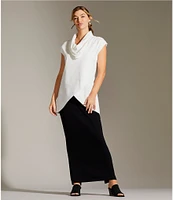 Bryn Walker Lavinia Stretch Jersey Modal Ponte Cowl Neck Short Sleeve Crossover High-Low Hem Tunic