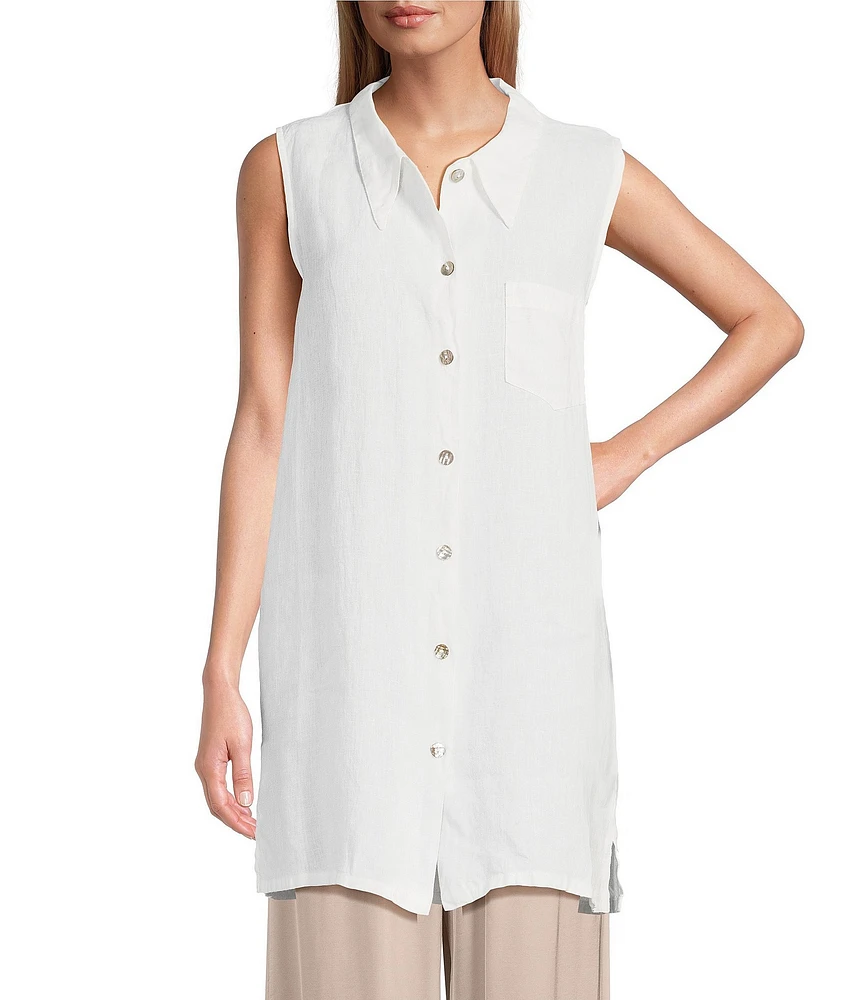 Bryn Walker Ley Light Linen Point Collar Sleeveless Button Front Tunic