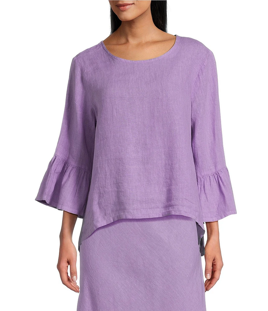 Bryn Walker Light Linen Fran Round Neck 3/4 Ruffle Bell Sleeve Hi-Low Hem Shirt