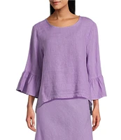 Bryn Walker Light Linen Fran Round Neck 3/4 Ruffle Bell Sleeve Hi-Low Hem Shirt