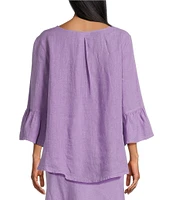 Bryn Walker Light Linen Fran Round Neck 3/4 Ruffle Bell Sleeve Hi-Low Hem Shirt
