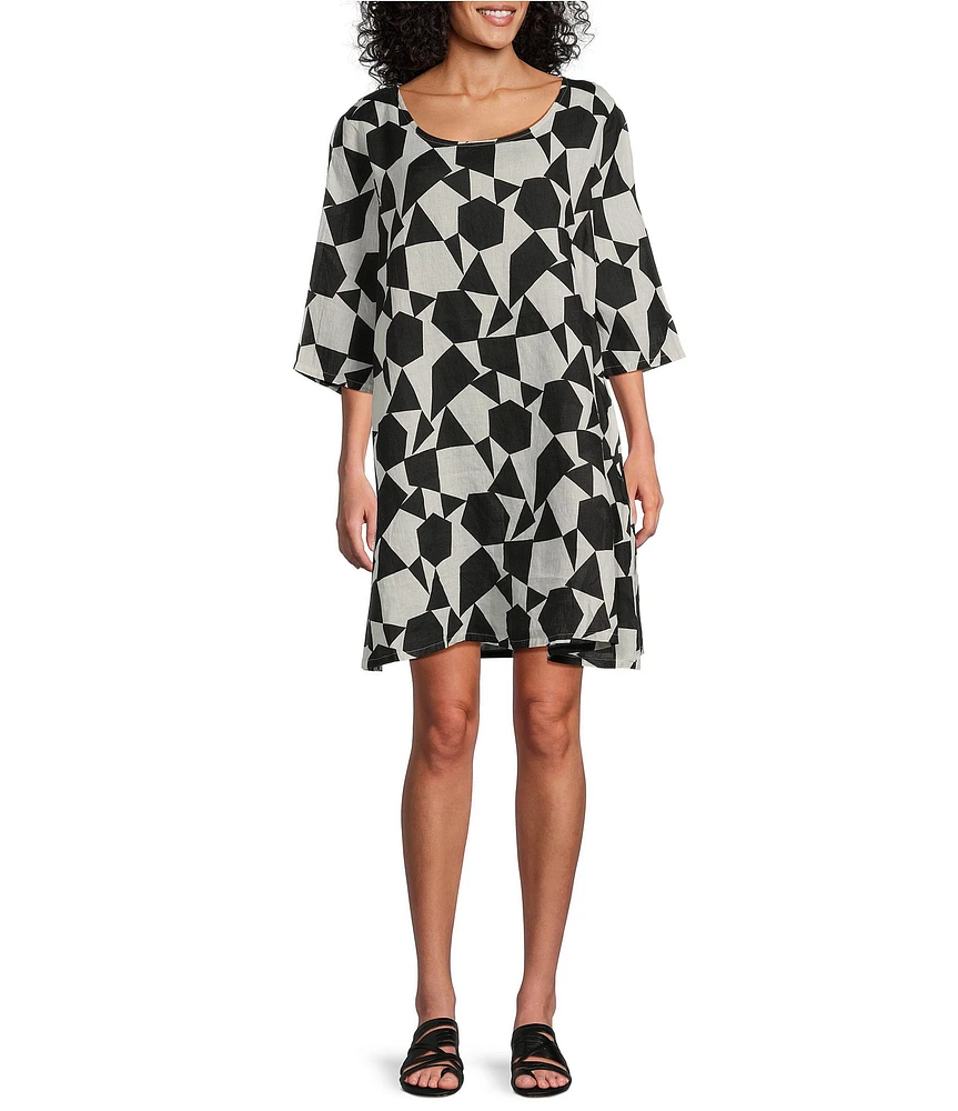 Bryn Walker Light Linen Hopper Prisma Print Scoop Neck Elbow Sleeve Pocketed Shift Dress