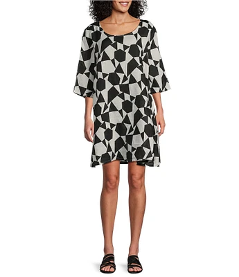Bryn Walker Light Linen Hopper Prisma Print Scoop Neck Elbow Sleeve Pocketed Shift Dress