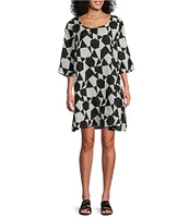 Bryn Walker Light Linen Hopper Prisma Print Scoop Neck Elbow Sleeve Pocketed Shift Dress
