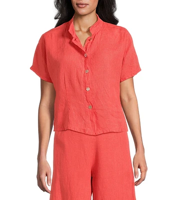 Bryn Walker Light Linen Mandarin Collar Short Sleeve Button Front Shirt