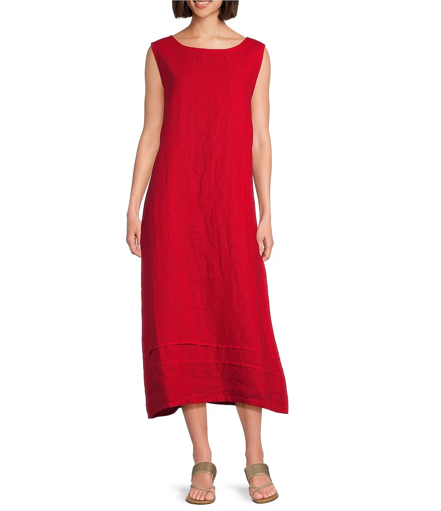 Bryn Walker Light Linen Poppy Round Neck Sleeveless Pintuck Detail Shift Midi Dress