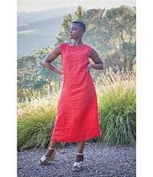Bryn Walker Light Linen Poppy Round Neck Sleeveless Pintuck Detail Shift Midi Dress