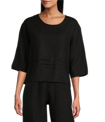 Bryn Walker Light Linen Round Neck 3/4 Sleeve Pintuck Detail Shirt