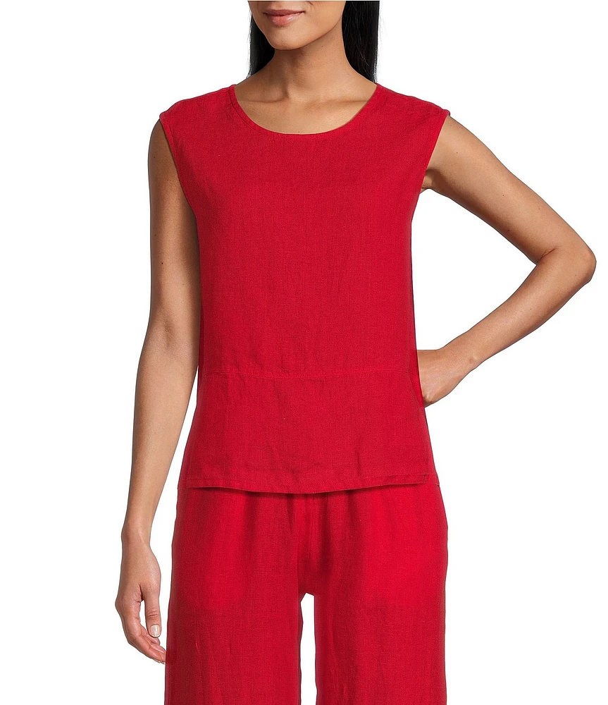 Bryn Walker Light Linen Round Neck Sleeveless Side Slit Tank