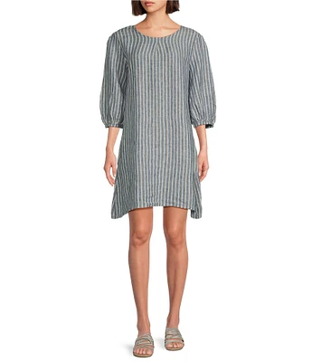 Bryn Walker Lucien Stripe Printed Linen Round Neck 3/4 Balloon Sleeve Dress