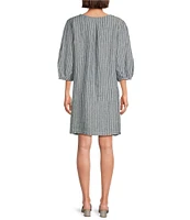 Bryn Walker Lucien Stripe Printed Linen Round Neck 3/4 Balloon Sleeve Dress