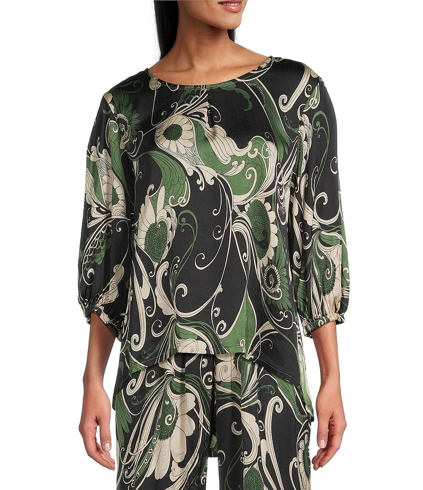 Bryn Walker Coordinating Lucinda Giardino Print Viscose Satin Round Neck 3/4 Sleeve Shirt