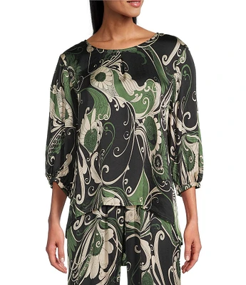 Bryn Walker Coordinating Lucinda Giardino Print Viscose Satin Round Neck 3/4 Sleeve Shirt