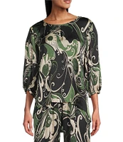 Bryn Walker Coordinating Lucinda Giardino Print Viscose Satin Round Neck 3/4 Sleeve Shirt