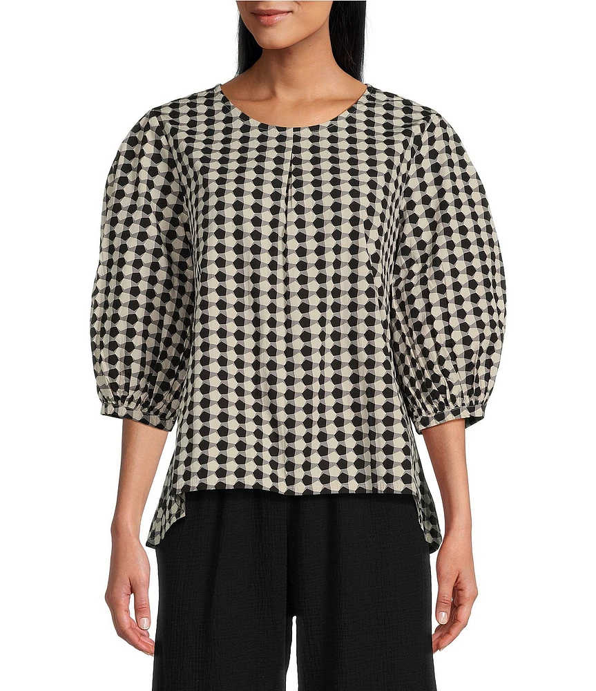 Bryn Walker Lucinda Organic Cotton Poplin Checkered Print Crew Neck 3/4 Sleeve Hi-Low Hem Shirt