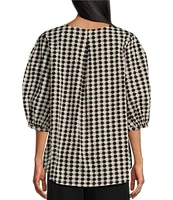 Bryn Walker Lucinda Organic Cotton Poplin Checkered Print Crew Neck 3/4 Sleeve Hi-Low Hem Shirt