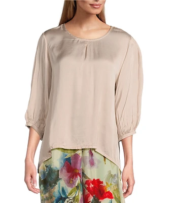 Bryn Walker Lucinda Satin Viscose Round Neck 3/4 Sleeve High-Low Shirt